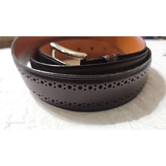 Mens Leather Perforated Belt With Silver Buckle Size 46/115 Made In USA Dark Bro - Picture 2 of 10